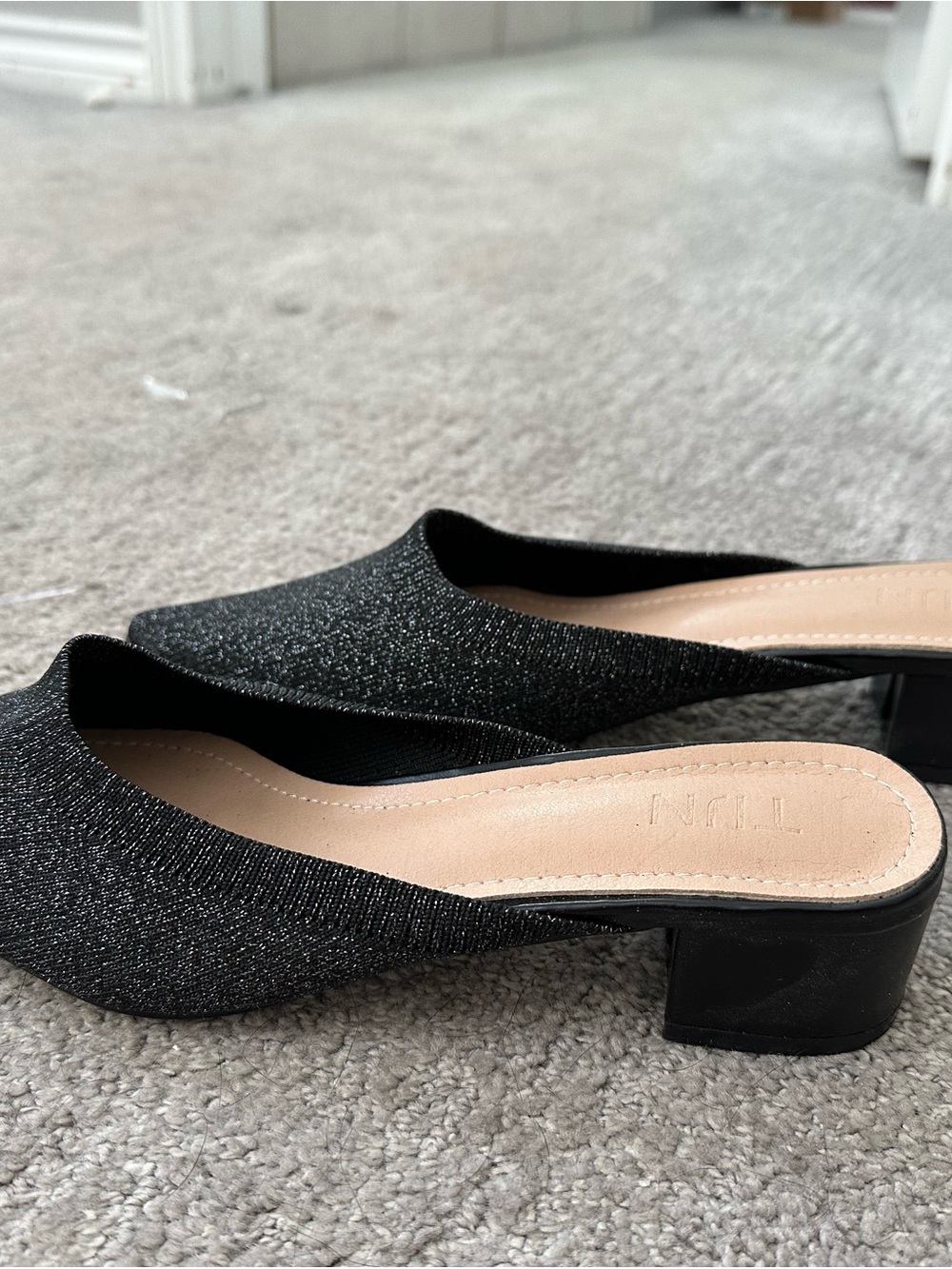 Black Glitter Slip-On Low Block Heel Mules